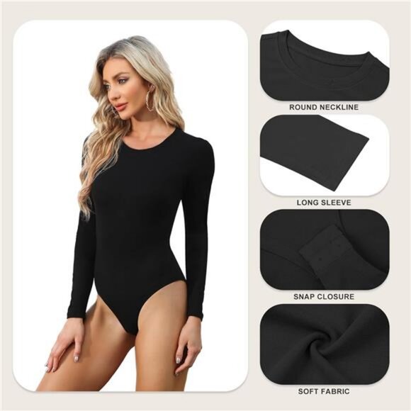 5 Pack Long Sleeve Bodysuit for Women Round Neck Casual Stretchy Basic Shirts - Picture 3 of 6